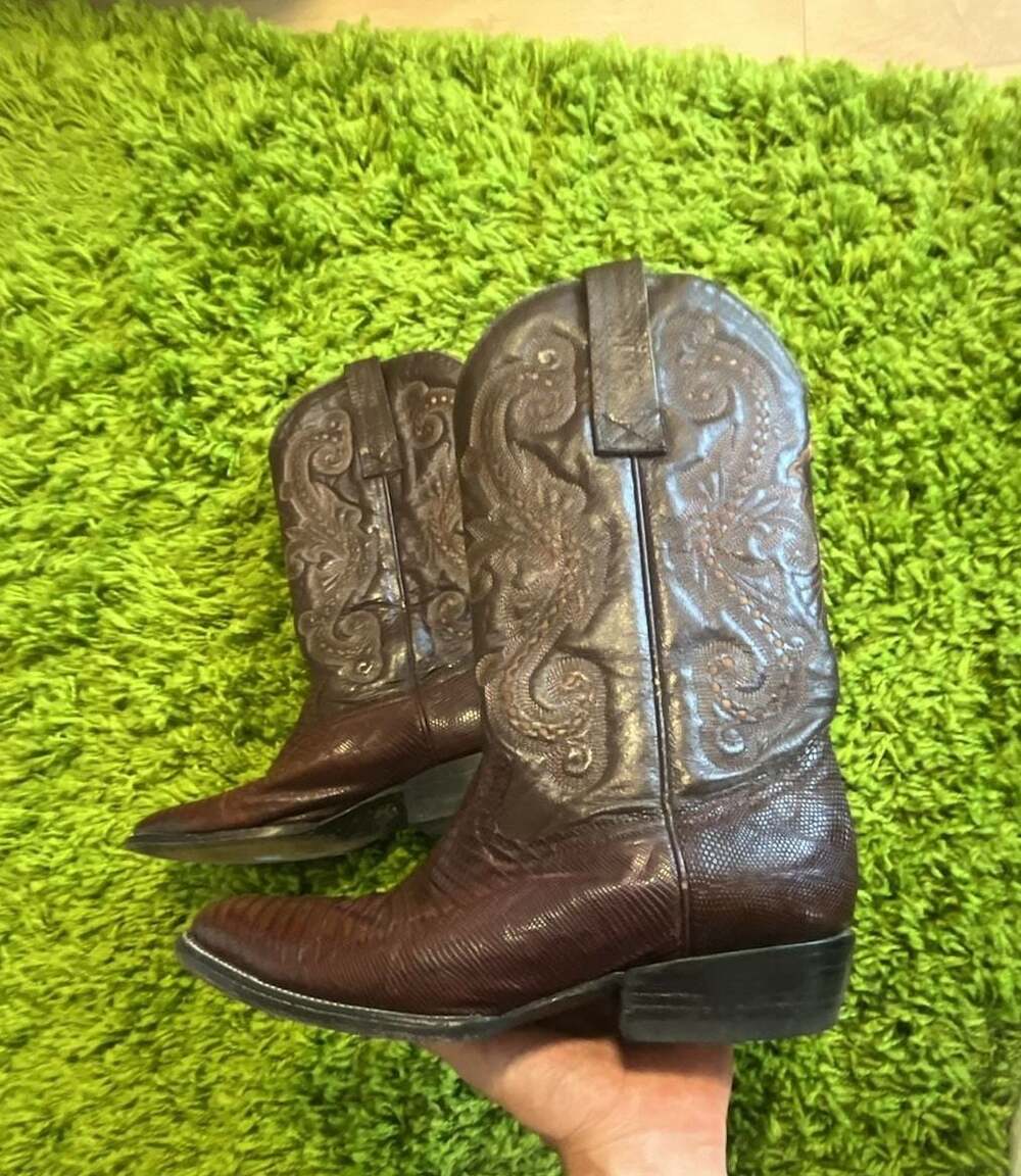 Vintage Hand-Tooled Leather Exotic Vamp Cowboy Boots Made in Mexico